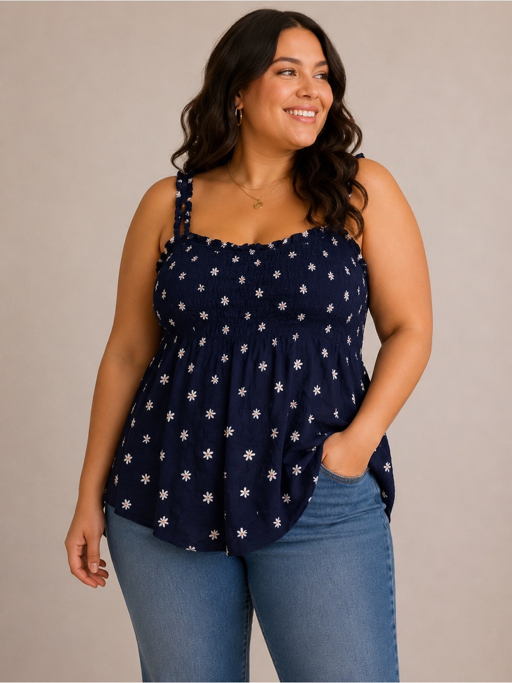 AVA & VIV 3X Navy Floral Smocked Tank Top Cotton Peplum Swing Cami